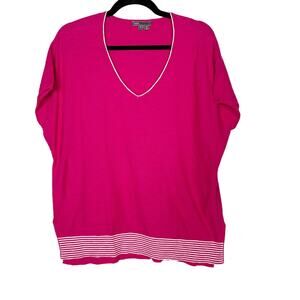 Vince Womens Small S Pink White Striped Hem V Neck Short Sleeve Knit Top Cotton